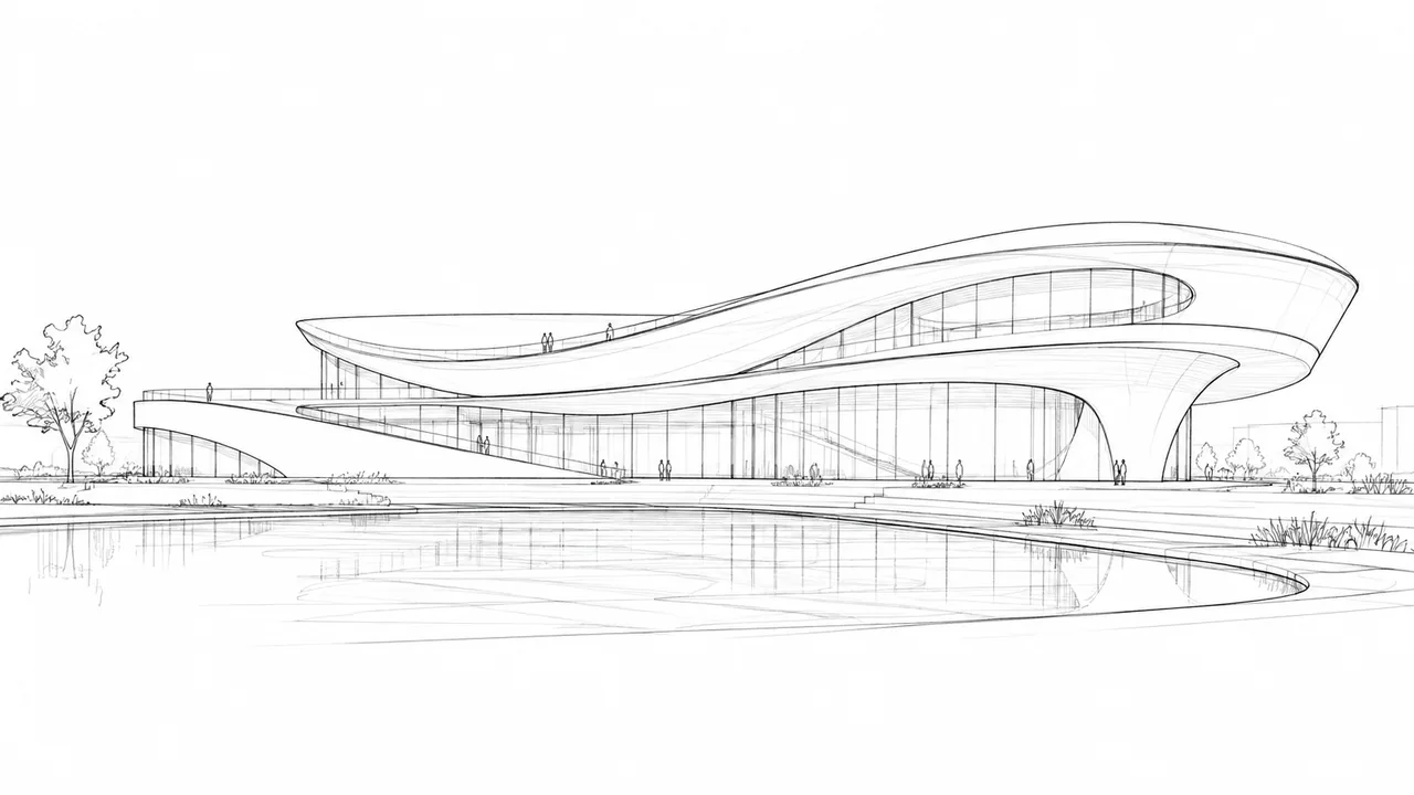 Croquis au trait d'un bâtiment culturel aux toits courbes, au bord d'un bassin