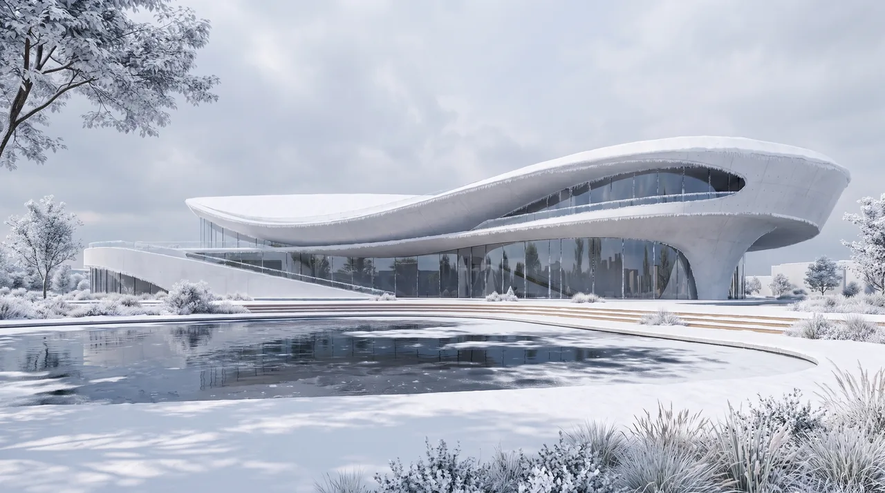 Rendu photoréaliste du bâtiment sous la neige, bassin gelé